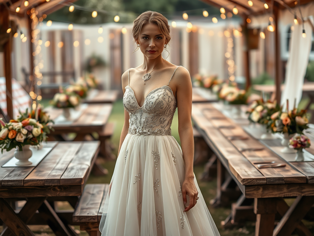 Une femme en robe de mariée élégante pose dans un décor romantique avec des tables et des fleurs.