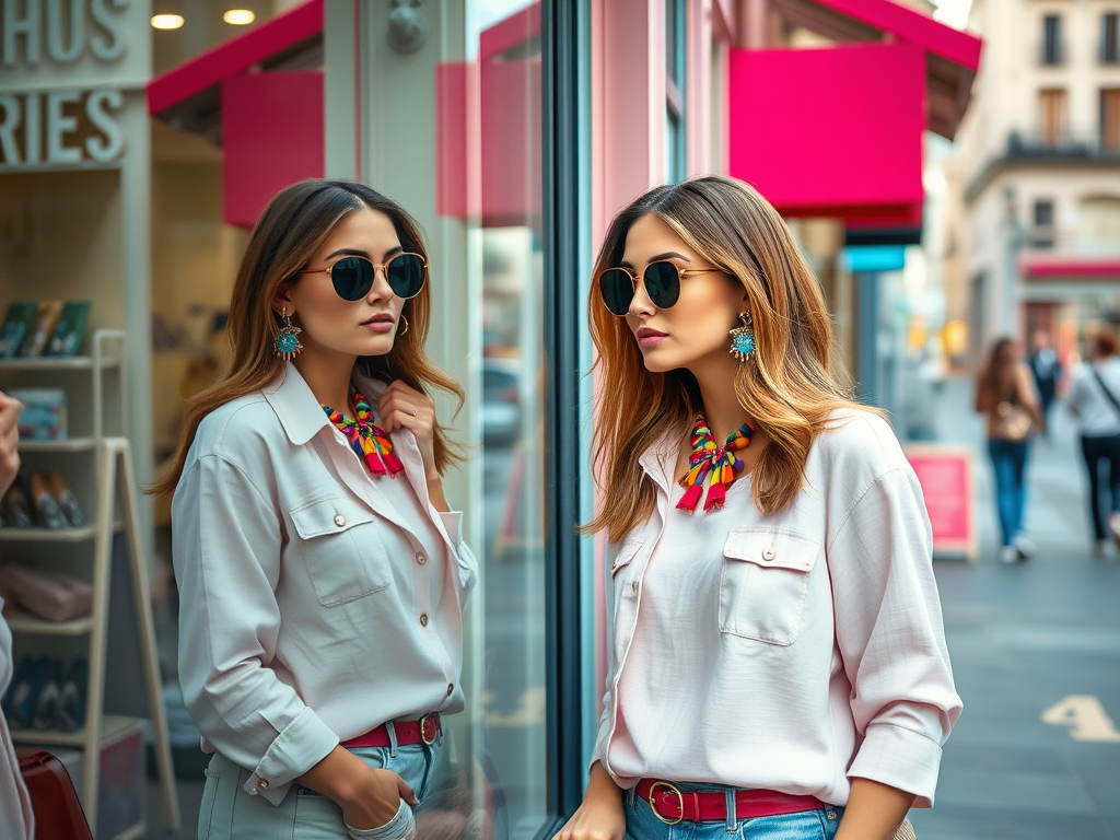 Une femme élégante portant des lunettes de soleil se regarde dans la vitrine, vêtue d'une chemise blanche et accessoires colorés.