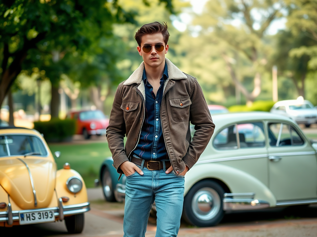 Un jeune homme en veste brune et lunettes de soleil pose près de voitures anciennes dans un parc verdoyant.