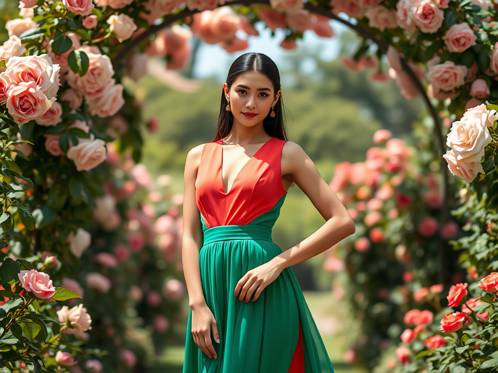 Une femme souriante en robe rouge et verte se tient sous un arc de roses roses en plein jour.