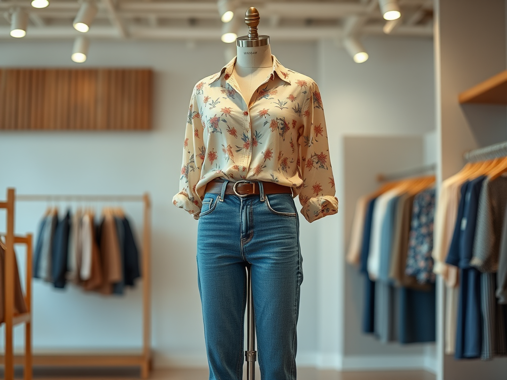 Un mannequin présente une chemise à fleurs et un jean dans un magasin de vêtements contemporain.