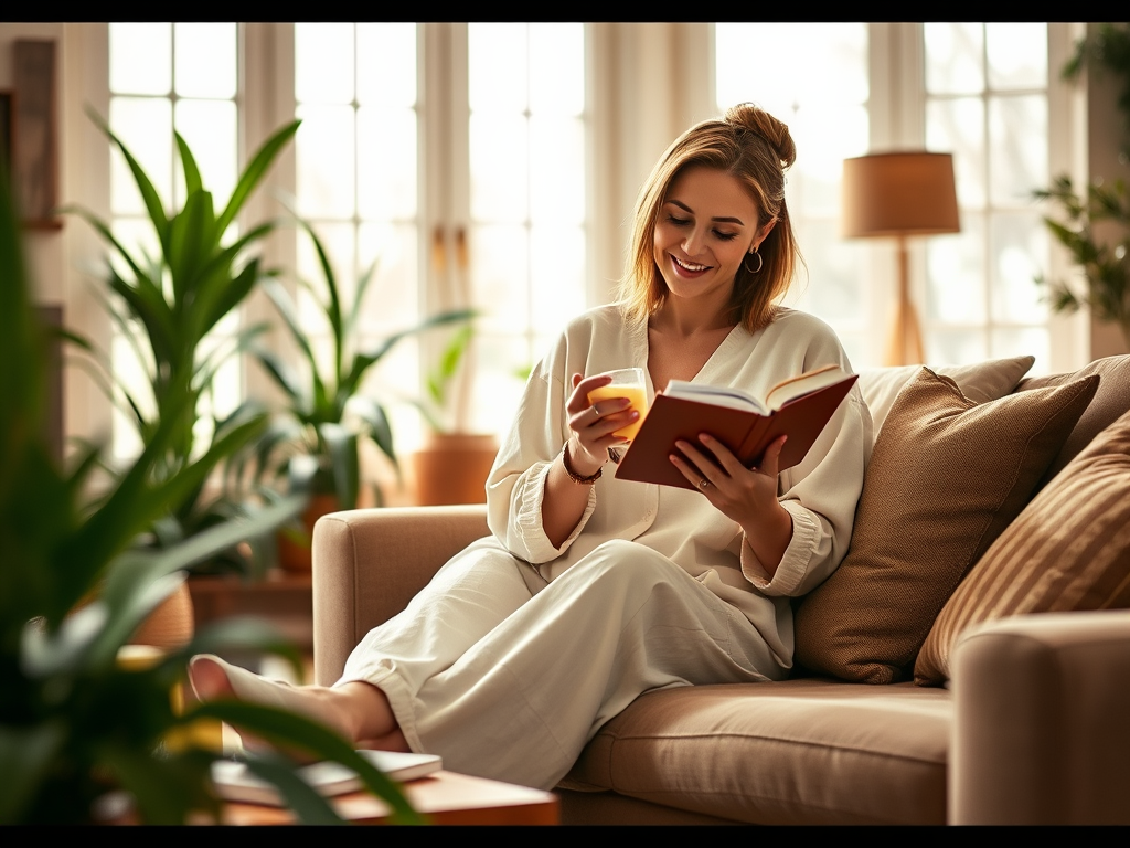 Une femme assise sur un canapé lit une livre tout en savourant une boisson dans une atmosphère confortable.