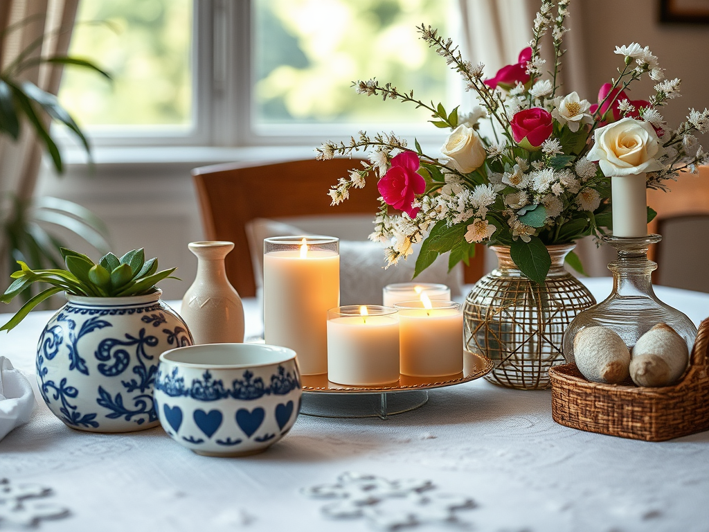 Une table décorée avec des bougies, des fleurs, des plantes et des objets en céramique dans un cadre lumineux.