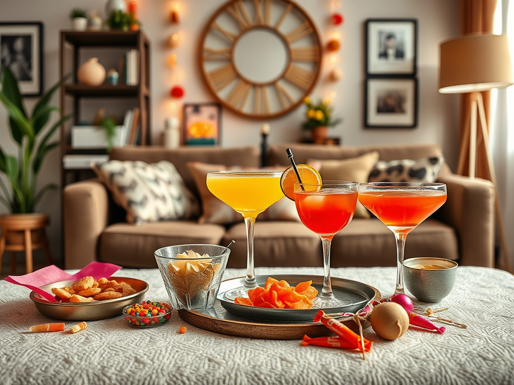 Des cocktails colorés et des snacks sur une table, avec un intérieur chaleureux en arrière-plan. Ambiance conviviale.