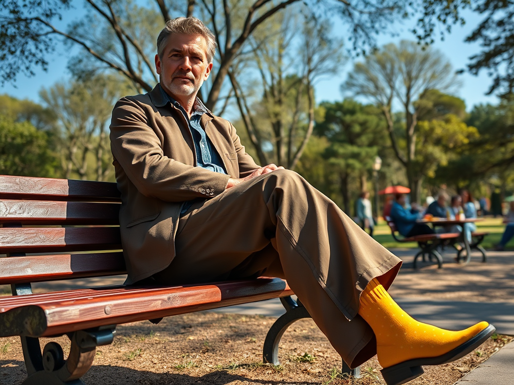 Un homme assis sur un banc dans un parc, portant des bottes jaunes et une tenue décontractée.