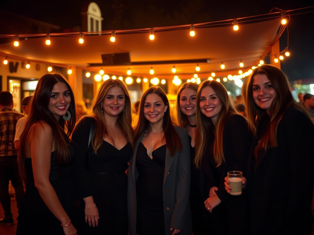 Un groupe de six femmes souriantes, vêtues de noir, pose sous des guirlandes lumineuses lors d'une soirée animée.