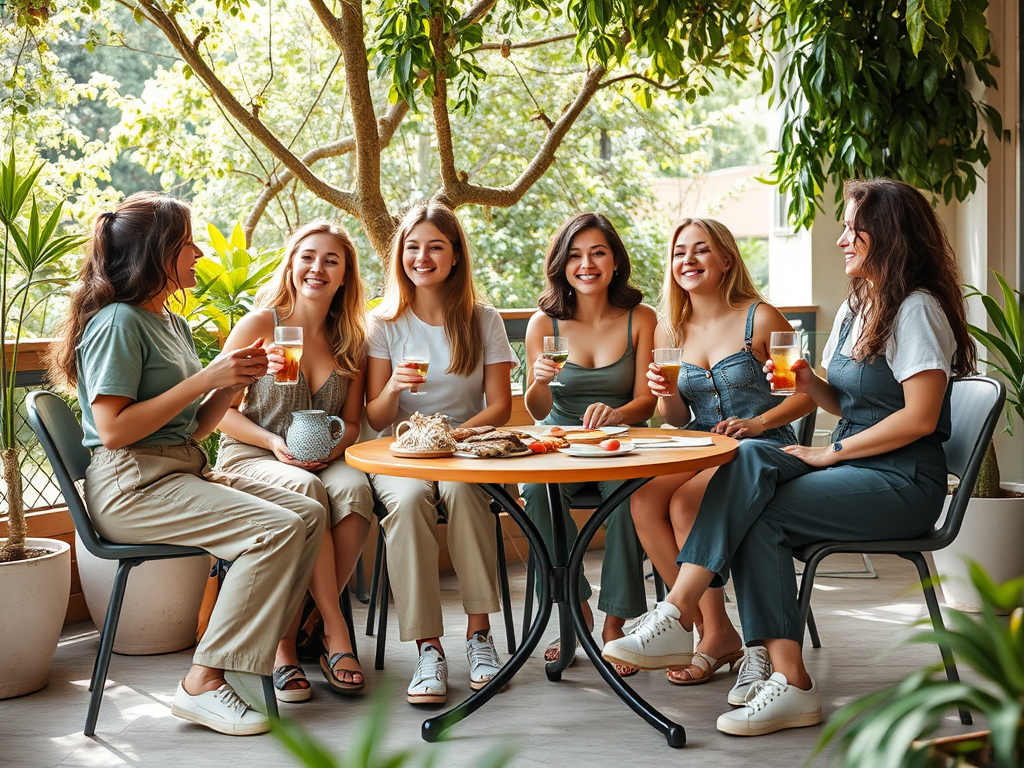 Un groupe de six femmes souriantes partage des boissons autour d'une table, entourées de plantes et de lumière naturelle.