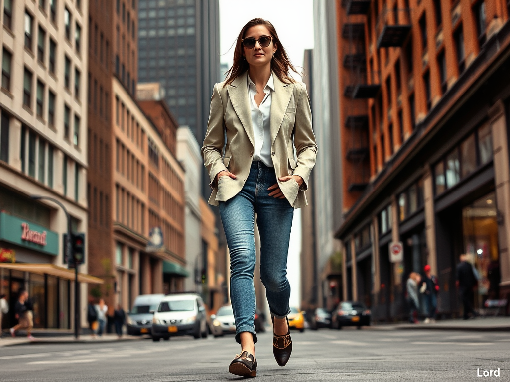 Une femme élégante marche dans une rue urbaine, portant un blazer et des lunettes de soleil, entourée de bâtiments.