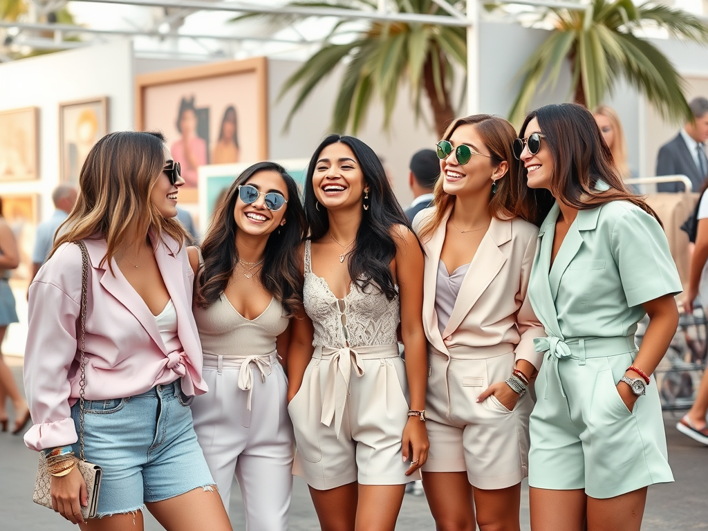 Cinq femmes souriantes posent ensemble lors d'un événement extérieur, vêtues de tenues élégantes et modernes.