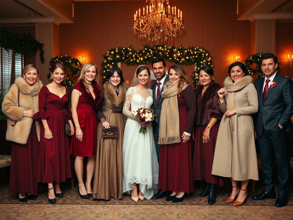 Un groupe de dix personnes souriantes, en robes de soirée, posant ensemble lors d'un événement festif dans une pièce décorée.