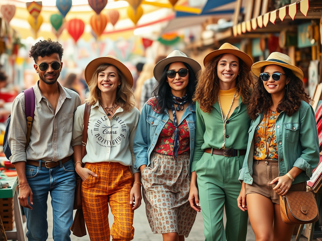 Un groupe de cinq amis souriants, habillés en styles différents, pose sur un marché animé en plein air.