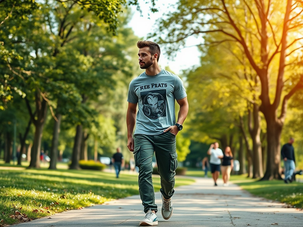 Un homme marche dans un parc, portant un t-shirt gris et des pantalons cargo, entouré de verdure.