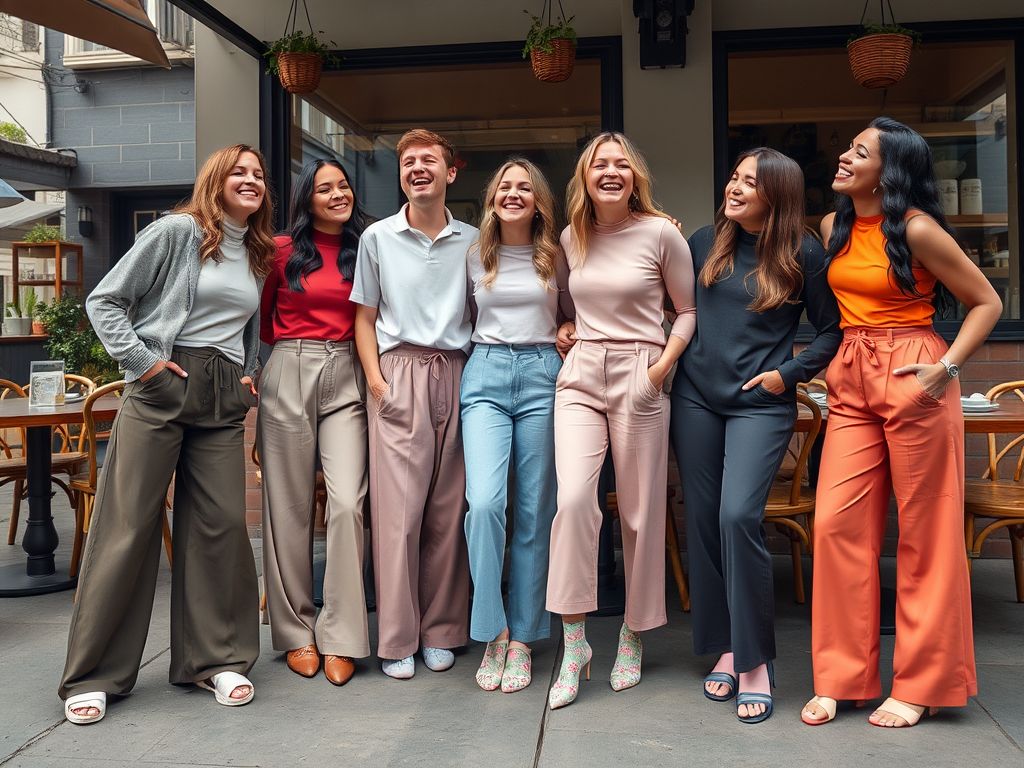 Un groupe de quatre femmes et un homme souriant, vêtus de pantalons élégants, posant ensemble en extérieur.