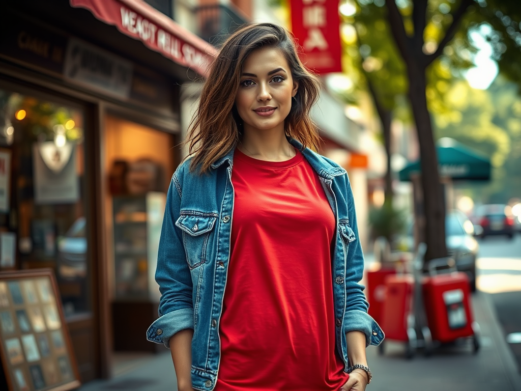 Une jeune femme souriante porte un t-shirt rouge et une veste en jean, dans une rue animée avec des magasins.