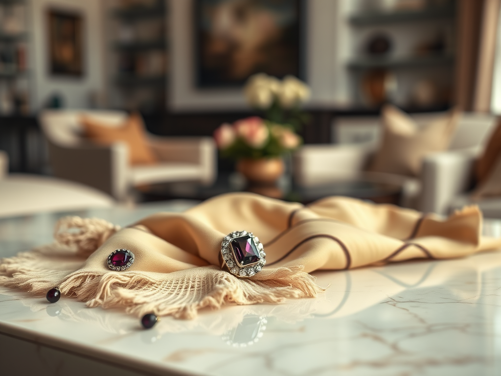Un foulard crème et des broches ornées, posés sur une table en marbre dans un salon élégant.