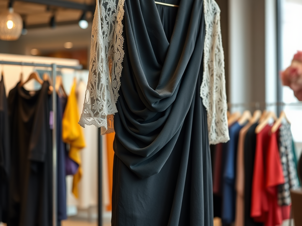 Une robe élégante grise, avec des manches en dentelle blanche, exposée dans une boutique de mode moderne.