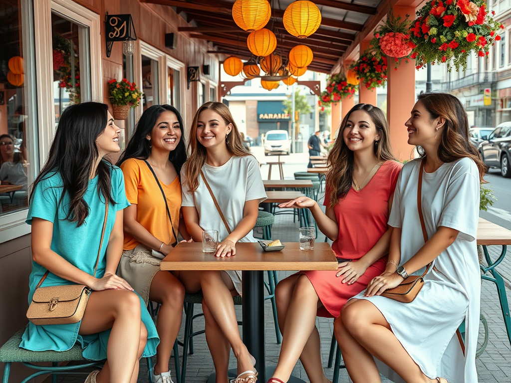 Cinq femmes souriantes, assises à une terrasse, portent des robes colorées et profitent d'un moment convivial.
