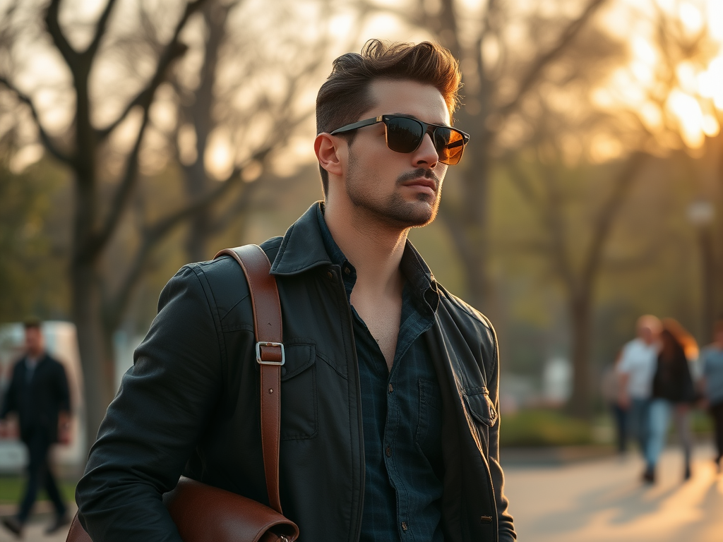 Un homme au style décontracté porte des lunettes de soleil, marchant dans un parc au coucher du soleil.