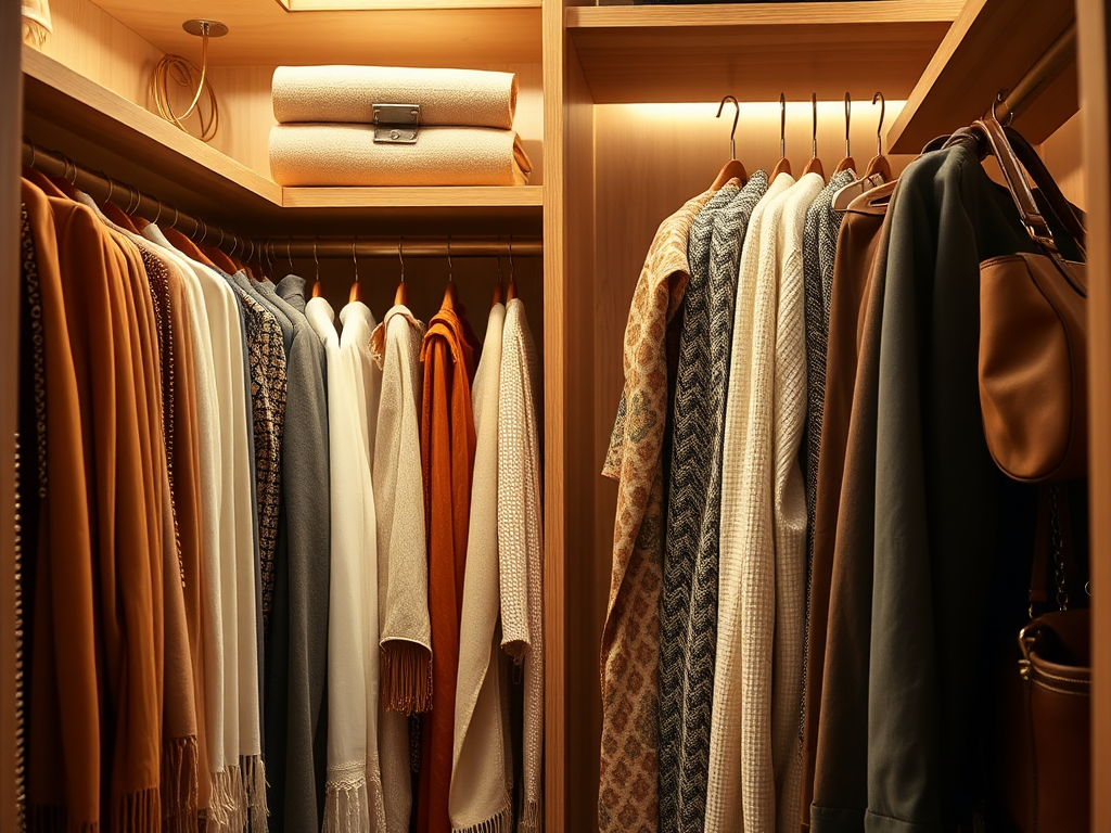 Garde-robe organisée avec des vêtements suspendus et des accessoires, éclairage doux et ambiance chaleureuse.