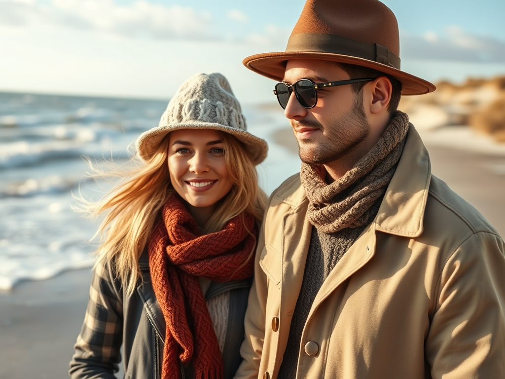 Un couple souriant sur la plage en automne, habillé chaudement avec des chapeaux et des écharpes.