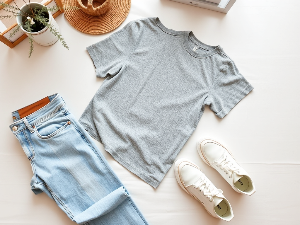 Un t-shirt gris, un jean clair et des baskets blanches sont disposés sur une surface claire avec une plante et un chapeau.