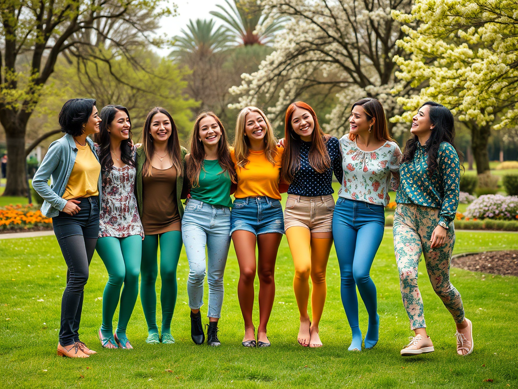 Un groupe de huit femmes souriantes se tient par l'épaule dans un parc verdoyant, vêtues de collants colorés.
