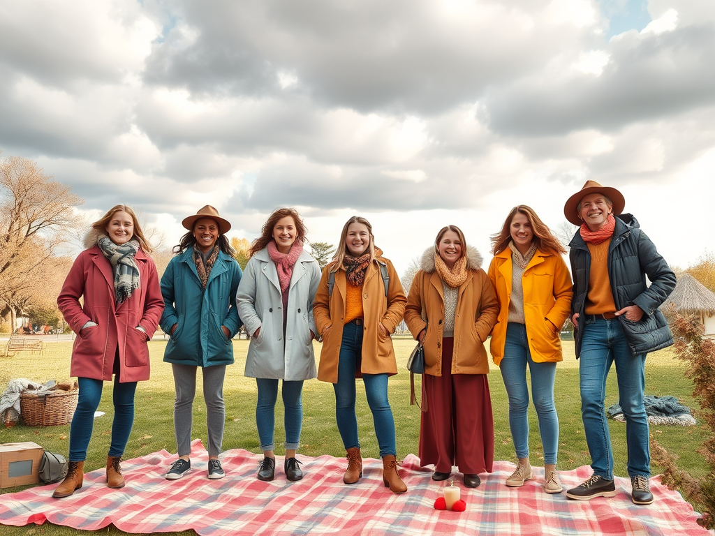 Sept femmes souriantes portent des vêtements colorés, posant sur une couverture à carreaux sous un ciel nuageux.