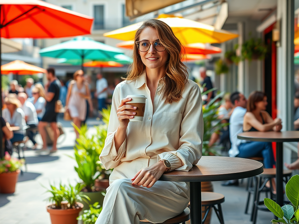 Une femme souriante en chemise claire, tenant un café, assise à une table en extérieur avec des parasols colorés.