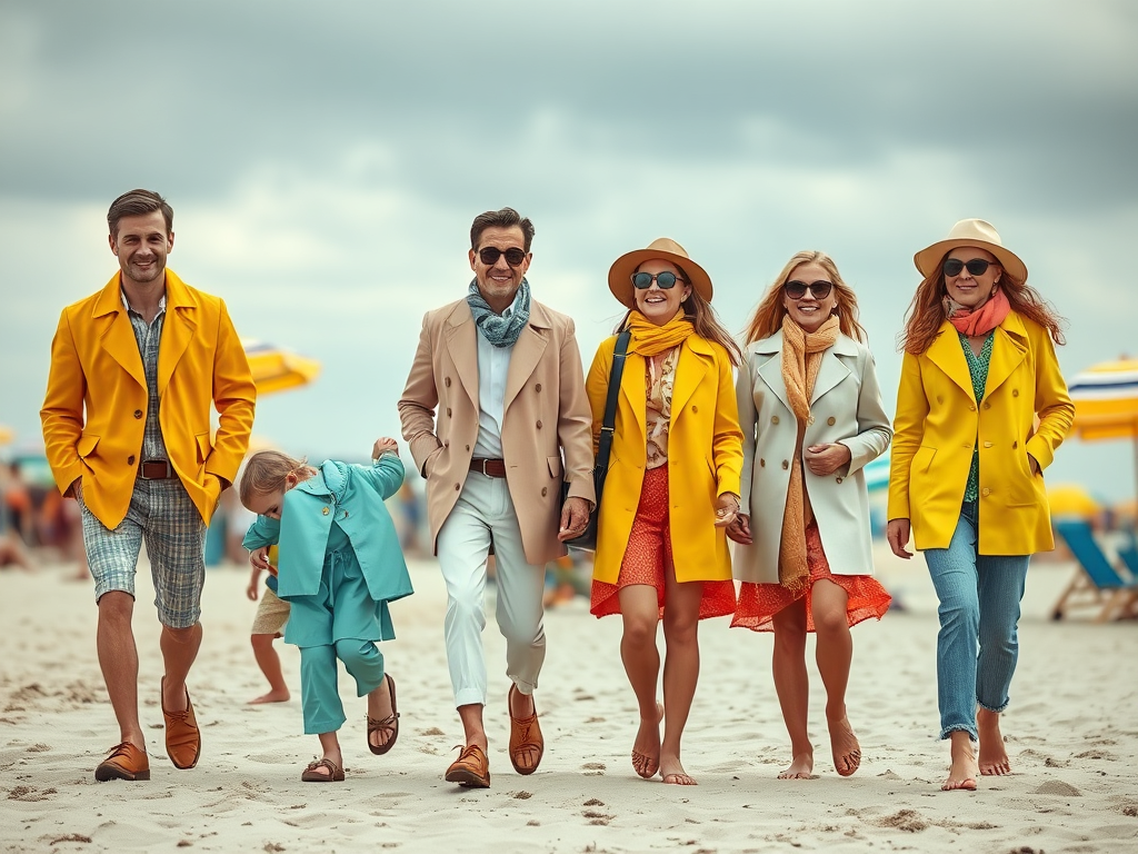 Un groupe de cinq personnes en vêtements colorés marche sur la plage sous un ciel nuageux.