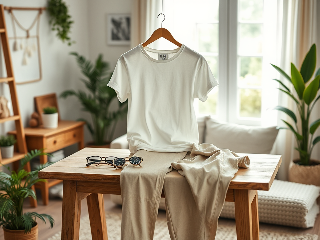 Une chemise blanche et un pantalon beige sont posés sur une table en bois, avec des lunettes de soleil à côté.