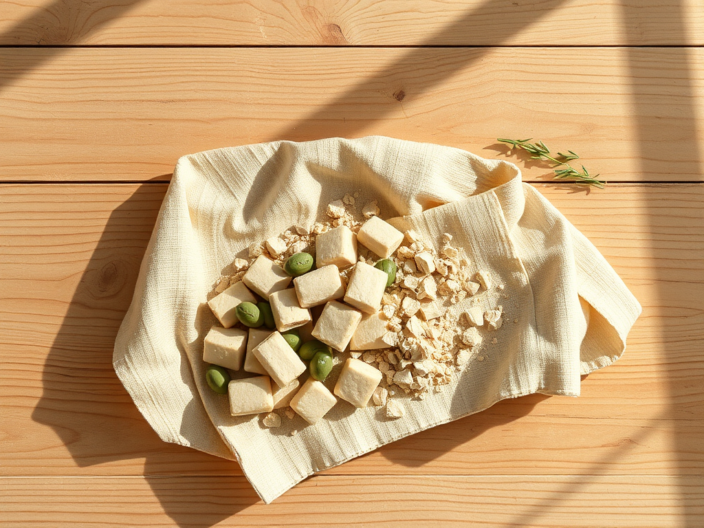 Un tissu clair avec des morceaux de nougat et des amandes sur une table en bois. Ombres douces sur le tissu.