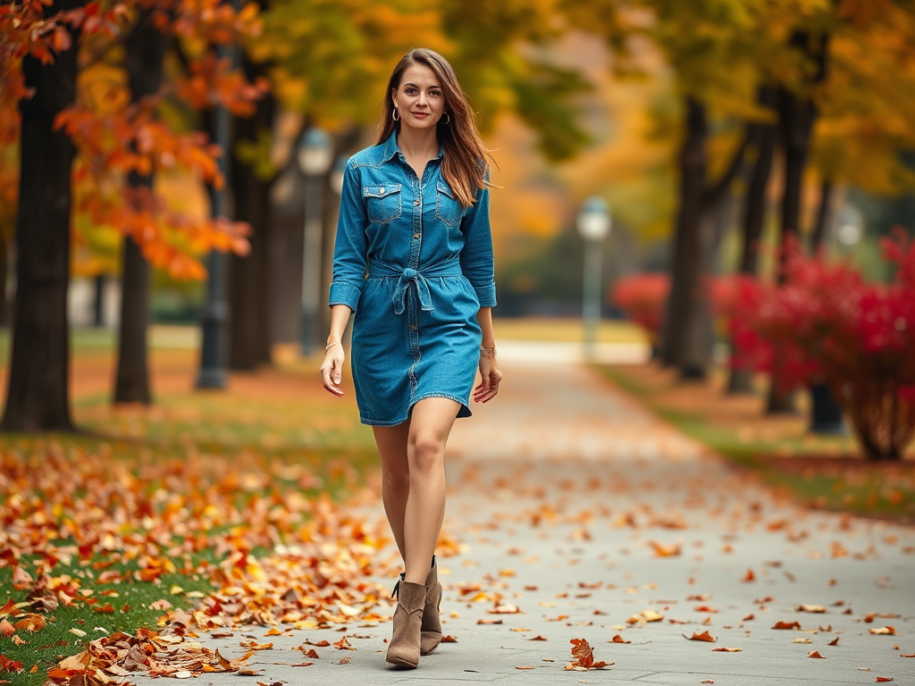 Une femme en robe en jean marche sur un chemin bordé d'arbres aux couleurs d'automne, avec des feuilles partout.