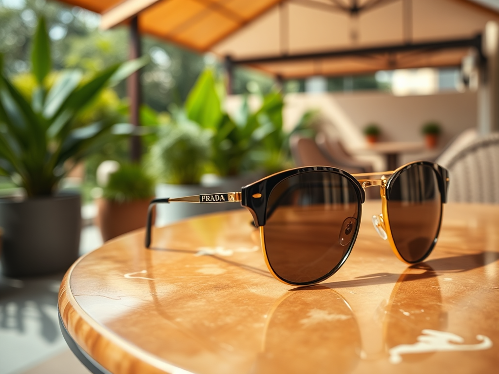 Une paire de lunettes de soleil Prada repose sur une table en bois, entourée de plantes vertes.