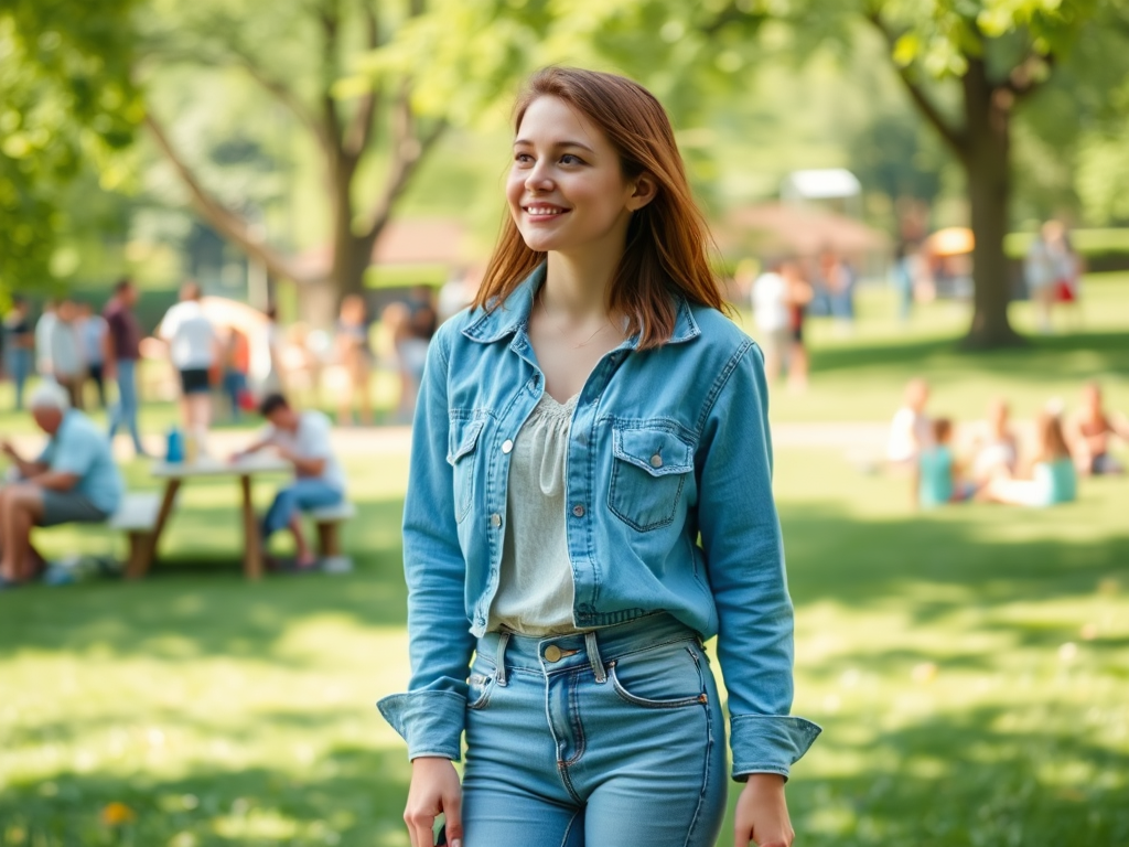 Une jeune femme souriante en jean clair se promène dans un parc verdoyant. Des gens sont assis en arrière-plan.