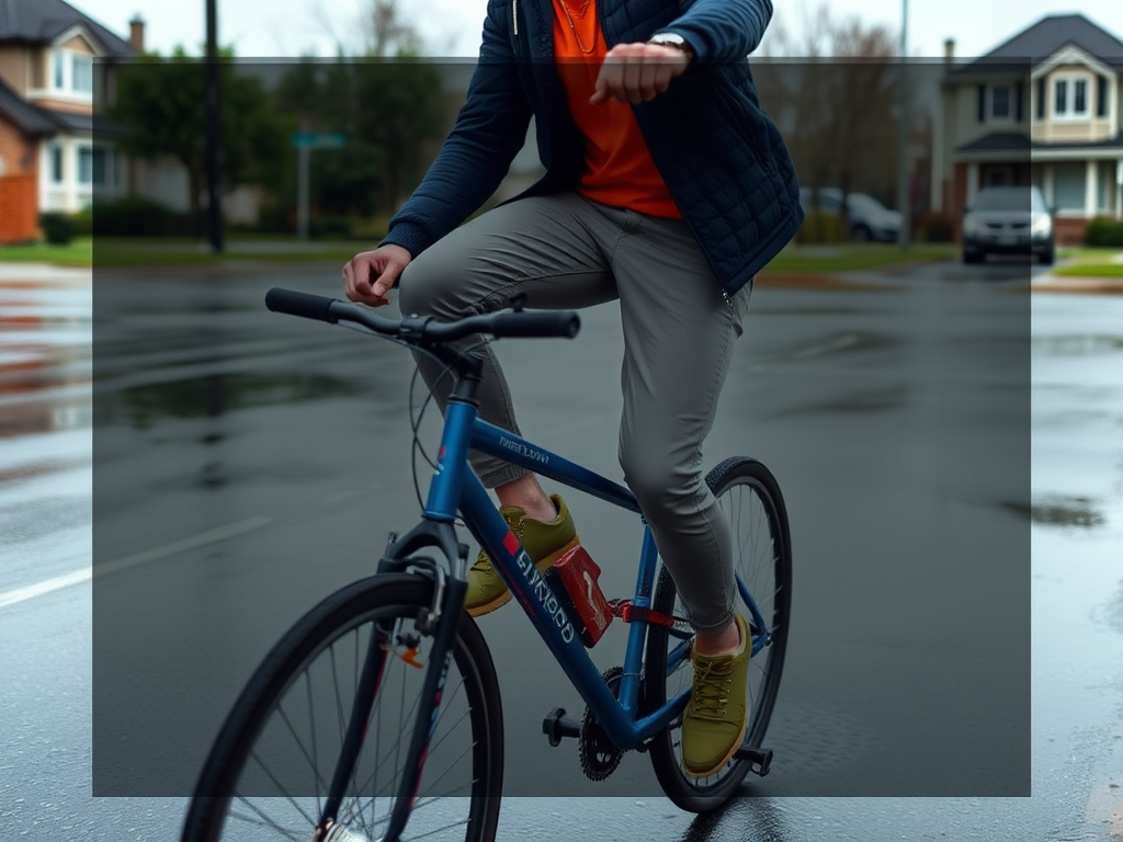 Un cycliste sur un vélo bleu, habillé en orange et gris, pédale sur une route mouillée.