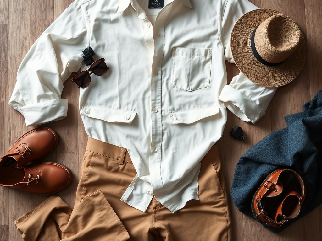 Une chemise blanche, un chapeau, des lunettes de soleil et des chaussures, disposés sur un fond en bois.
